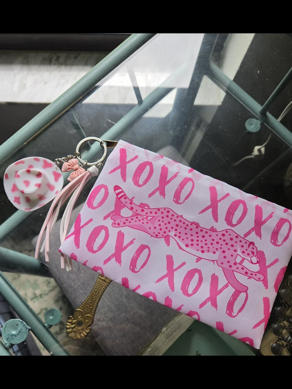 Pink XOXO Leopard Pouch with Tassel Keychain